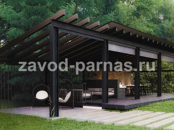Открытая беседка для дачи с односкатной крышей и пергольной секцией